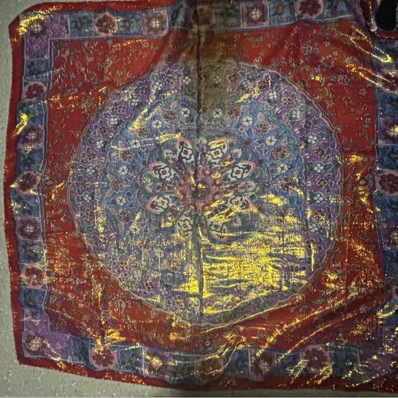 Metallic Asian print scarf 75% rayon rolled hem 3.5X34.5 NEW OR LIKE NEW - Picture 5 of 14